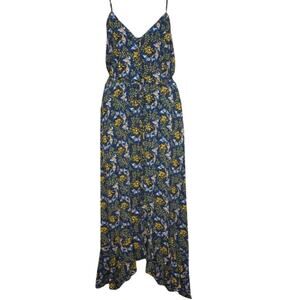 Floral Daisy Print Hi-Low Hem Midi Dress Boho Sundress Blue, Green & Yellow L